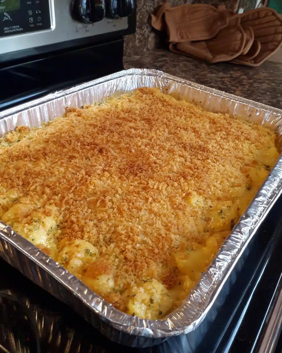 Baked Tuscan chicken casserole with crispy topping in foil pan