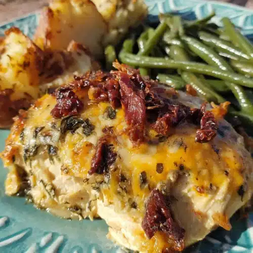 Baked Tuscan chicken casserole with spinach, cheese, and sun-dried tomatoes on a plate