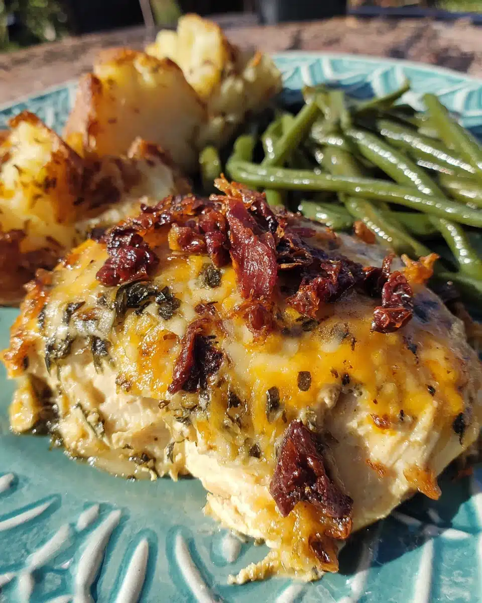 Baked Tuscan chicken casserole with spinach, cheese, and sun-dried tomatoes on a plate