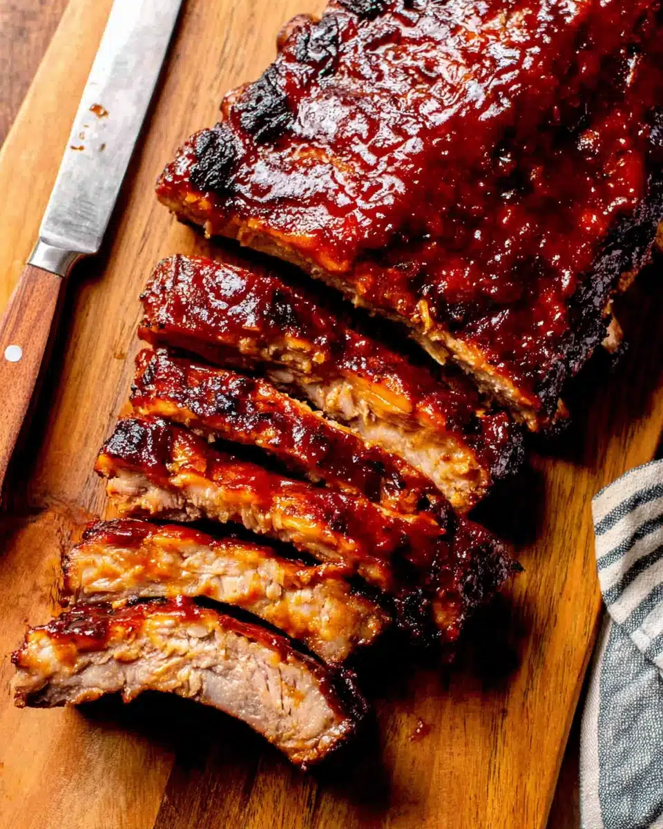 Perfectly Cooked BBQ Baby Back Ribs Sliced on Wood Sliced BBQ baby back ribs on a wooden cutting board with a knife, glistening with sauce