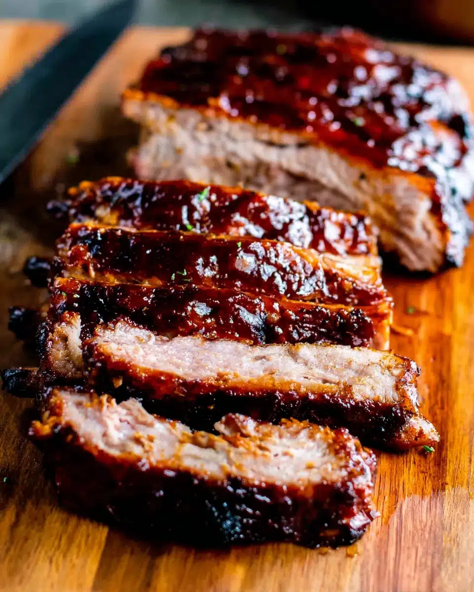 Perfectly Cooked BBQ Baby Back Ribs with Smoky Bark Sliced BBQ baby back ribs on a wooden board with a glossy sauce