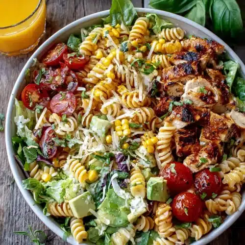 BBQ chicken ranch pasta salad with grilled chicken, pasta, veggies, and creamy ranch dressing