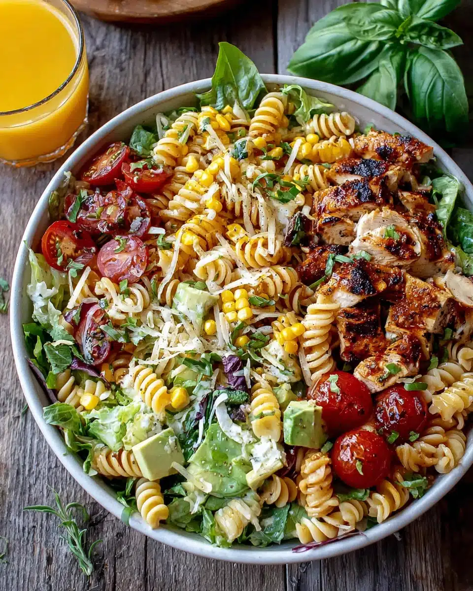 BBQ chicken ranch pasta salad with grilled chicken, pasta, veggies, and creamy ranch dressing