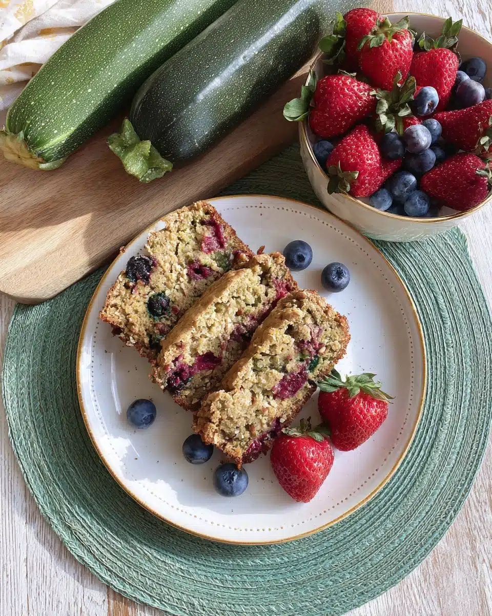 Slices of berry zucchini bread with fresh berries and zucchini on a plate