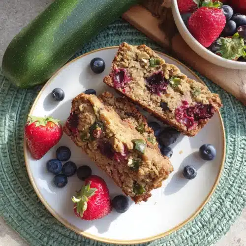 Slices of berry zucchini bread with fresh berries and zucchini on a plate