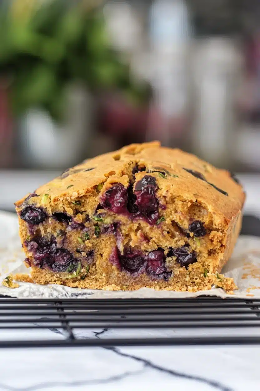 Moist blueberry zucchini bread with visible berries and zucchini, cooling on a rack