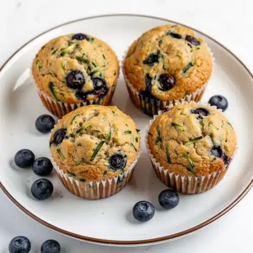 Blueberry Zucchini Muffins: A Delightful Breakfast Treat 2 Blueberry zucchini muffins on a plate with fresh blueberries