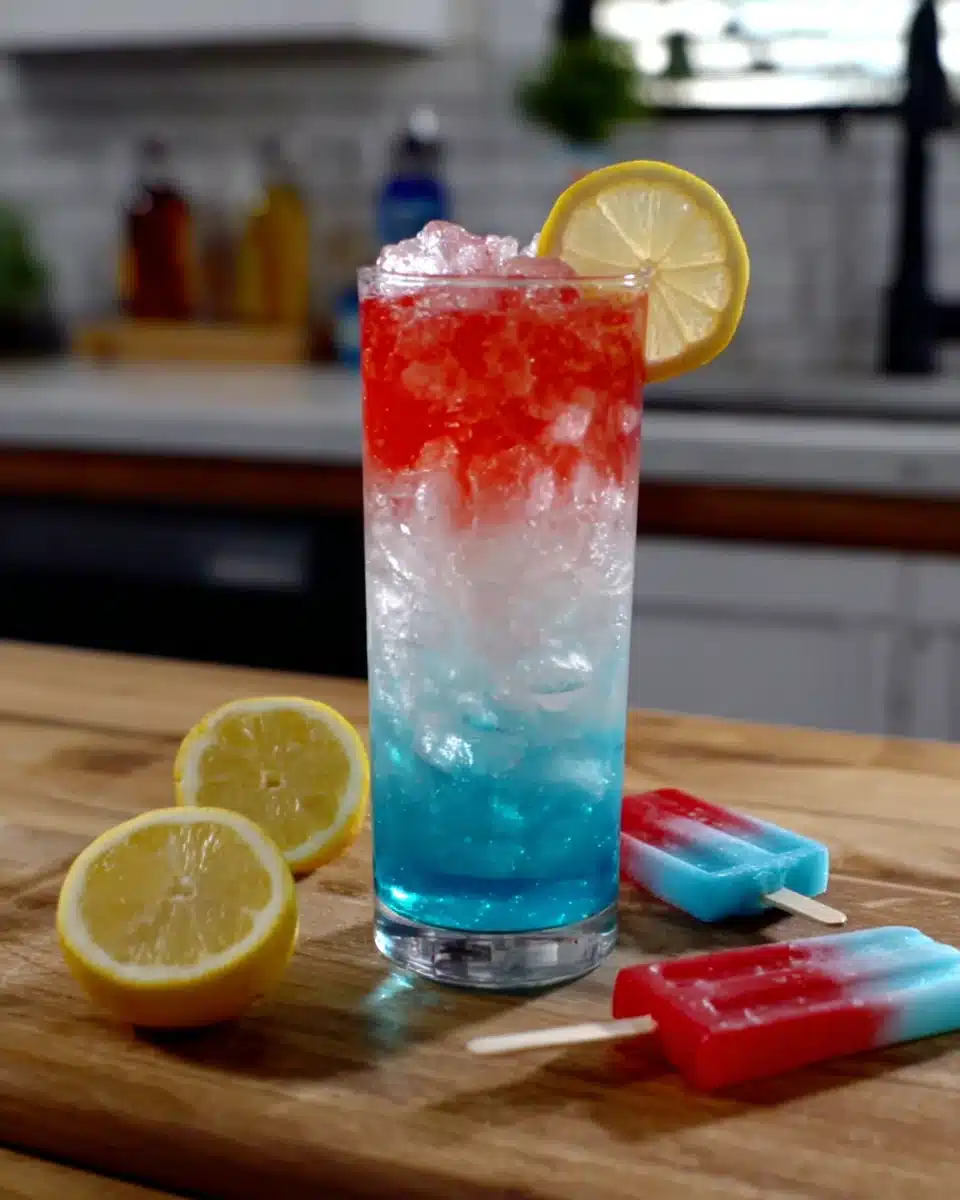 Bomb Pop drink with red, white, and blue layers, lemon slices, and popsicles on a wooden board
