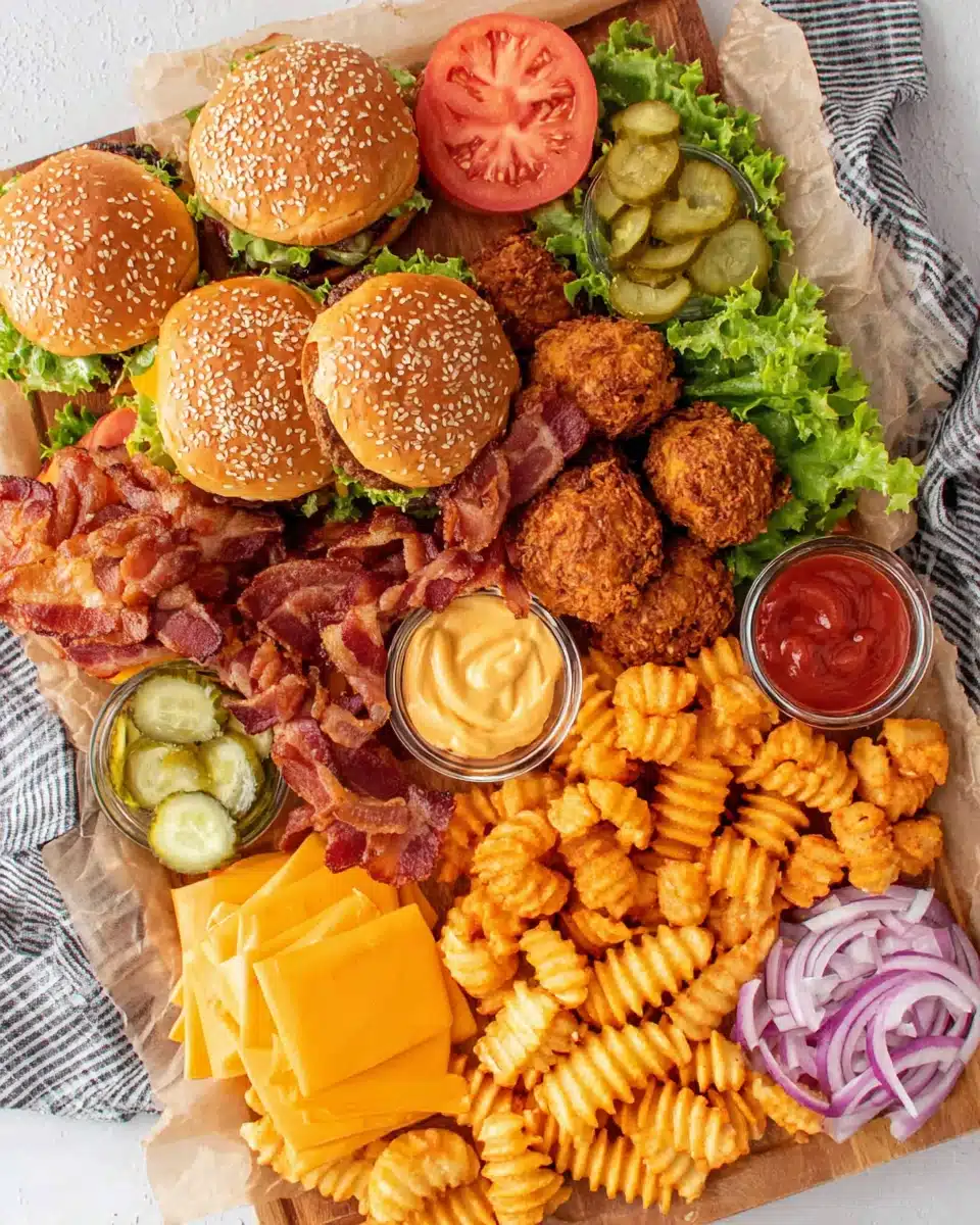 Burger board with patties, buns, cheese, bacon, veggies, condiments, and fries