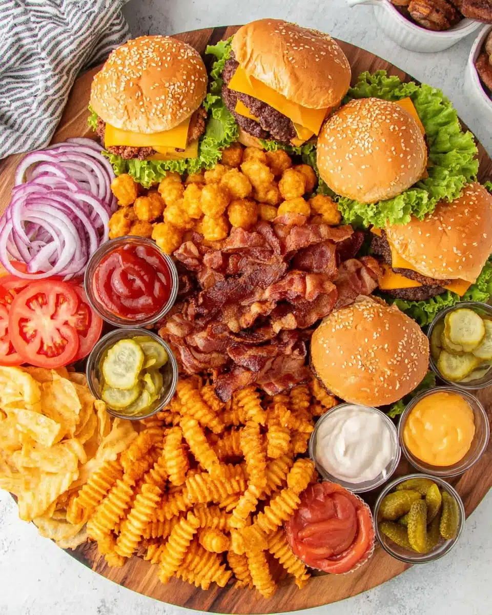Burger board with patties, buns, cheese, bacon, veggies, condiments, and fries