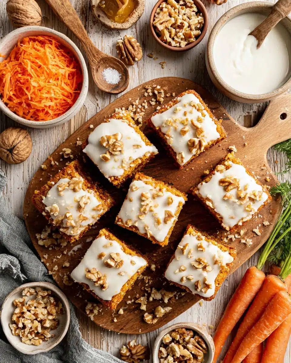Buttermilk carrot cake with glaze, topped with walnuts and shredded carrots, served on a wooden platter.