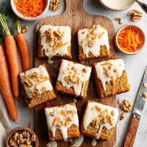 Buttermilk carrot cake with glaze, topped with walnuts and shredded carrots, served on a wooden board