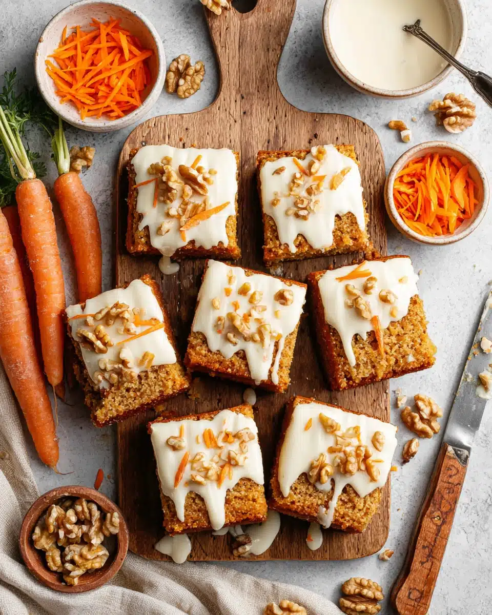 Buttermilk carrot cake with glaze, topped with walnuts and shredded carrots, served on a wooden board