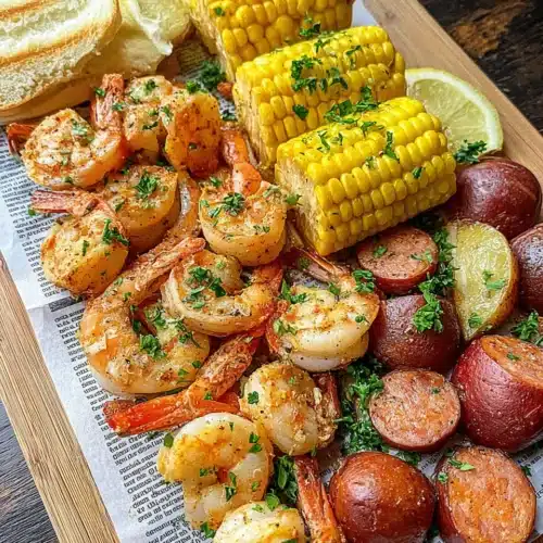 Cajun shrimp boil with shrimp, potatoes, corn, and sausage on newspaper