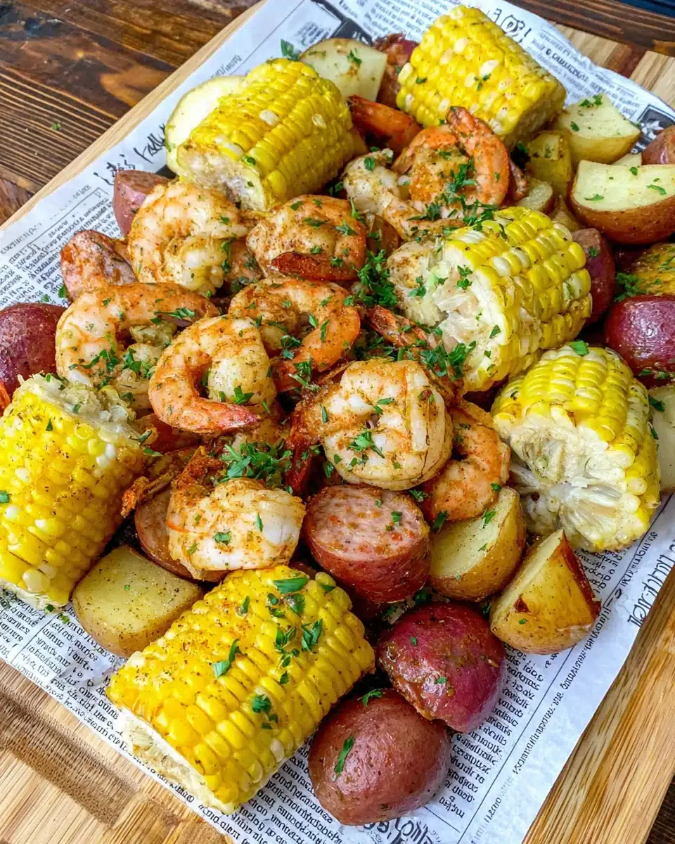 Cajun shrimp boil with shrimp, potatoes, corn, and sausage on newspaper