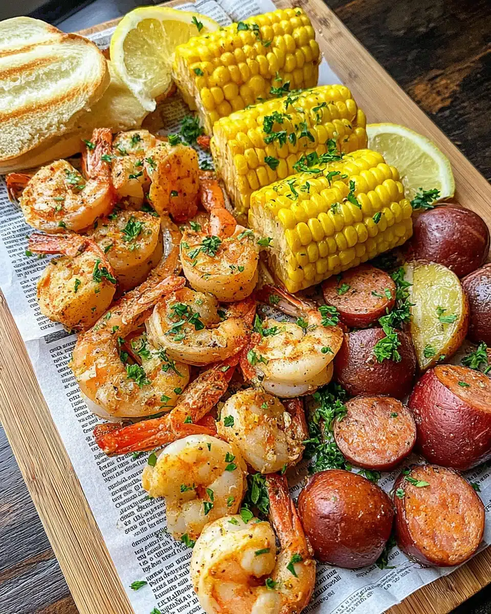 Cajun shrimp boil with shrimp, potatoes, corn, and sausage on newspaper