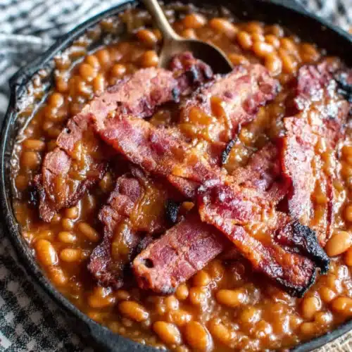 Canned baked beans with crispy bacon in a skillet