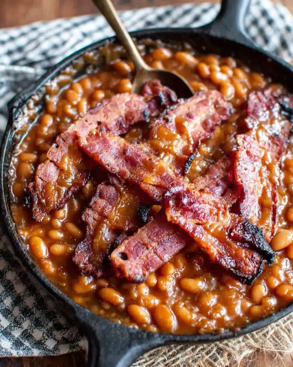 Canned baked beans with crispy bacon in a skillet