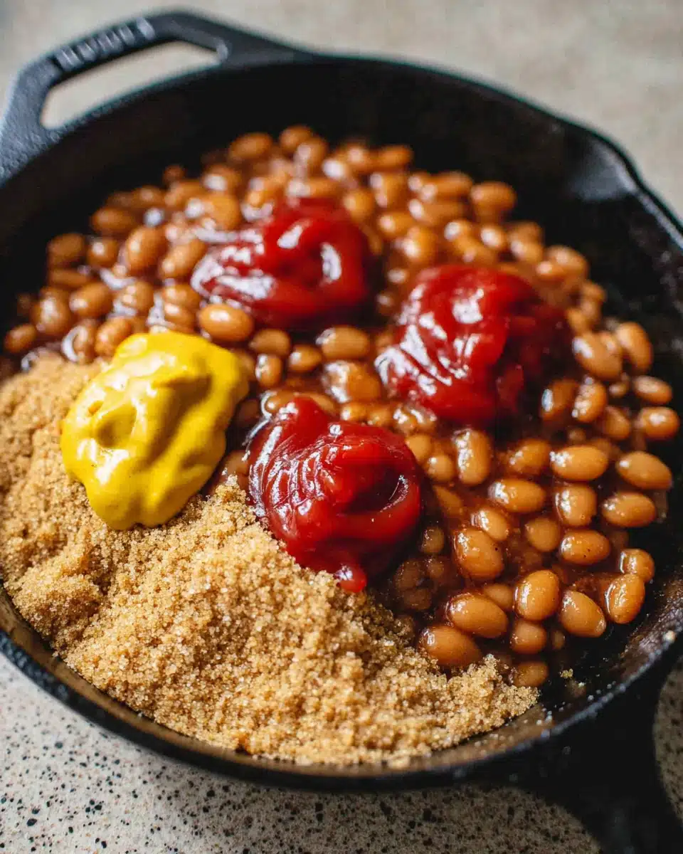 Canned baked beans in a skillet with ketchup, mustard, and brown sugar