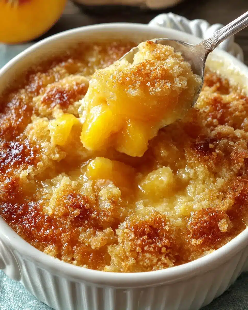 Canned fruit dessert with golden topping and juicy peaches in a white dish