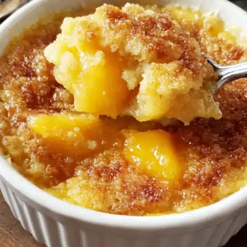 Canned fruit dessert with golden topping and juicy peaches in a white dish