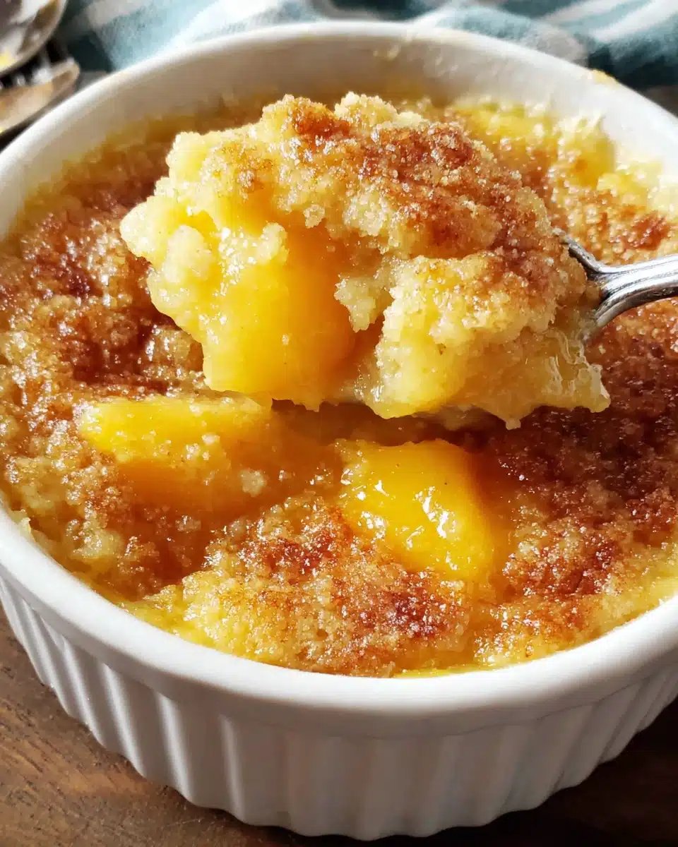 Canned fruit dessert with golden topping and juicy peaches in a white dish