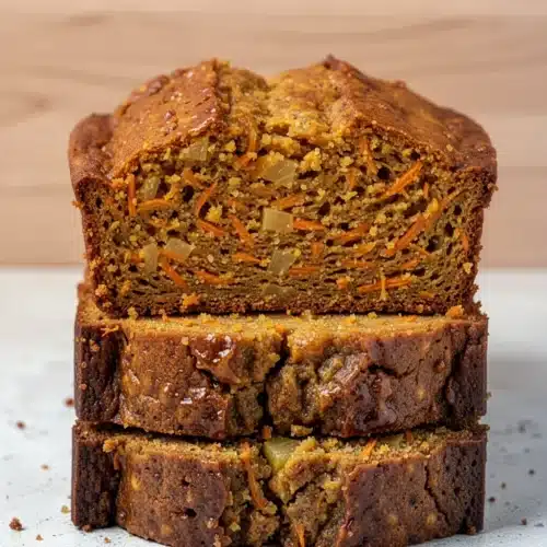 Moist carrot pineapple bread with visible carrots and pineapple, sliced on white surface