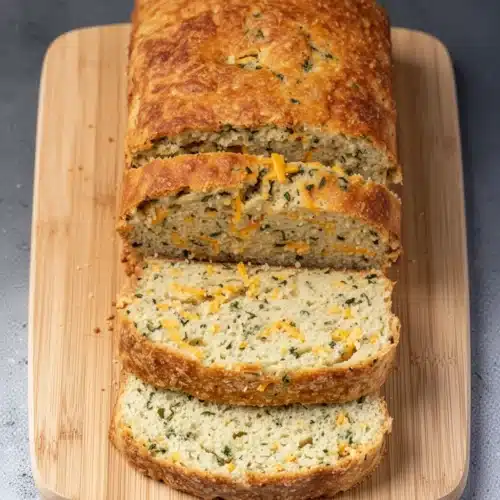 Sliced cheddar garlic herb keto bread on a plate with a knife and floral napkin