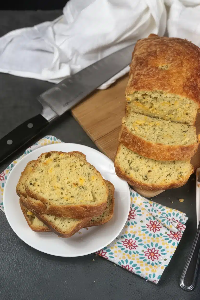 Sliced cheddar garlic herb keto bread on a plate with knife and cutting board