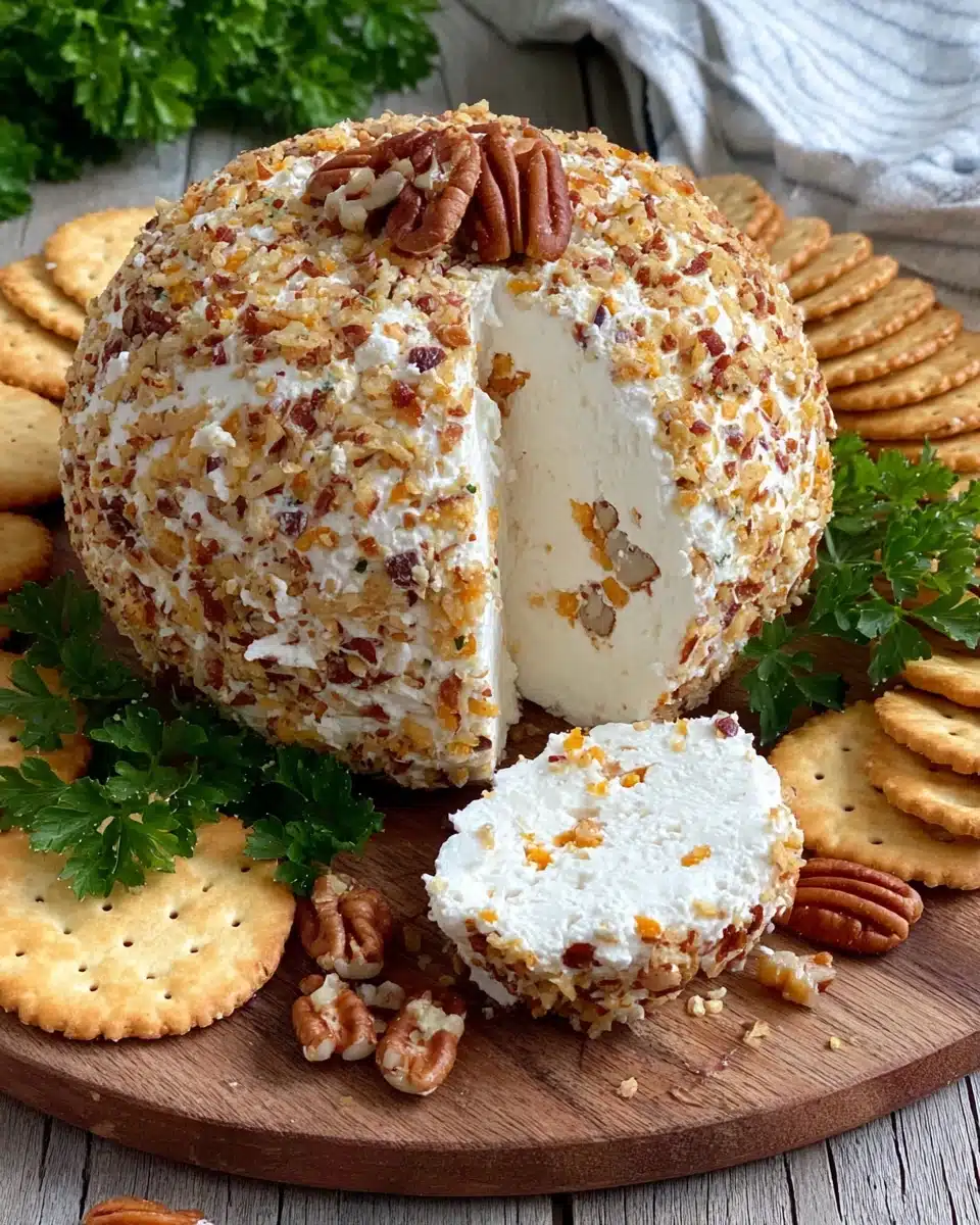 Creamy cheese ball coated in pecans with crackers and parsley