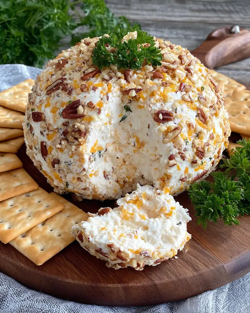 Creamy cheese ball coated in pecans with crackers and fresh herbs