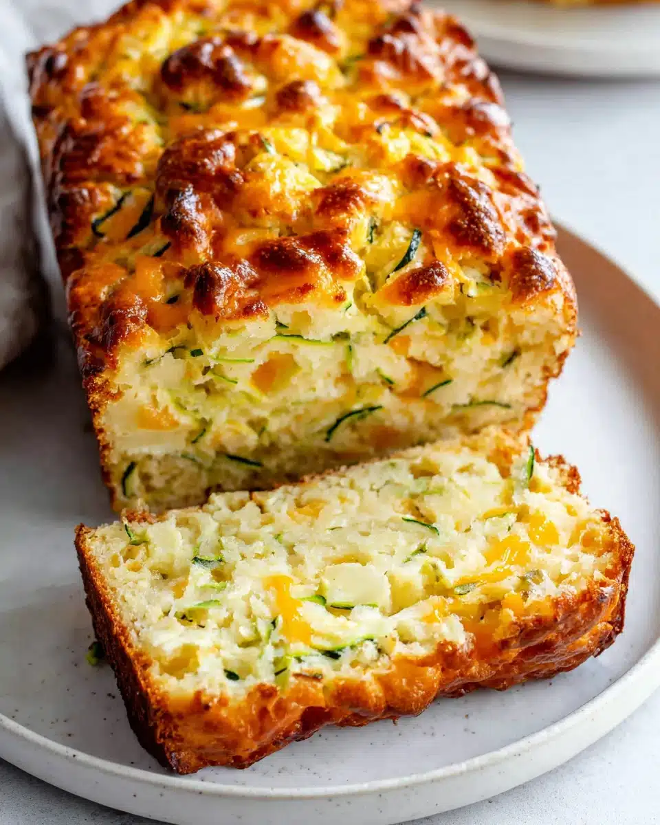 Cheesy zucchini delight bread with melted cheddar and zucchini slices on a white plate