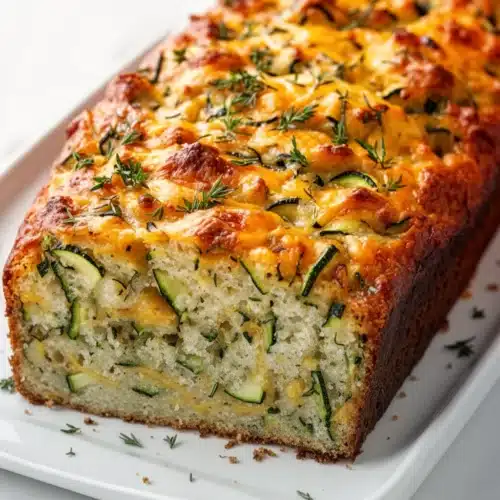 Cheesy Zucchini Delight Bread: A Savory Treat for Everyone 2 Cheesy zucchini delight bread with melted cheese and fresh herbs on a white plate