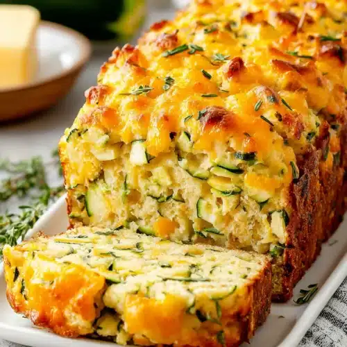 Cheesy zucchini delight bread with melted cheese and zucchini slices on a white plate