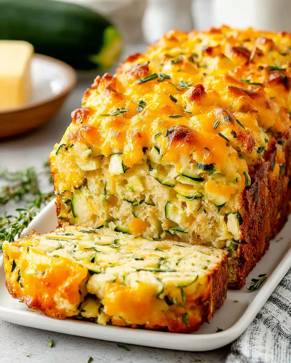 Cheesy zucchini delight bread with melted cheese and zucchini slices on a white plate
