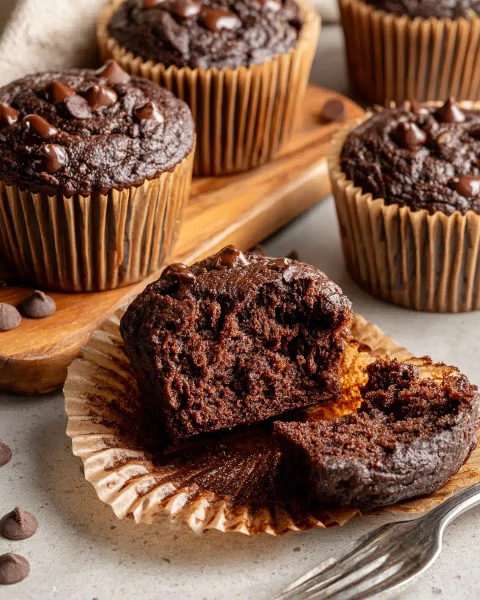 Moist chocolate chip zucchini bread muffins with fork, broken open to show texture