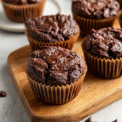 Chocolate chip zucchini bread muffins in paper liners on a wooden board