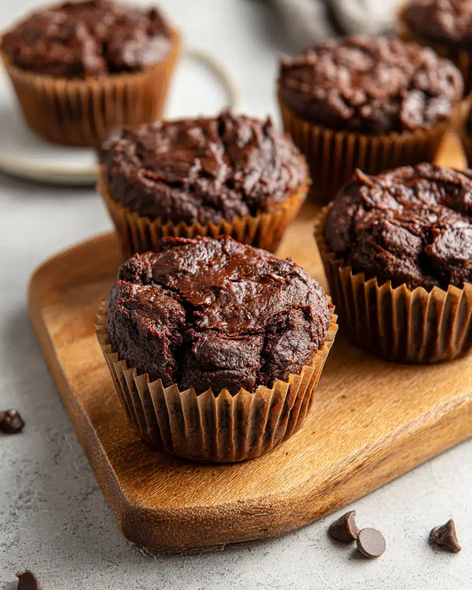 Chocolate chip zucchini bread muffins in paper liners on a wooden board