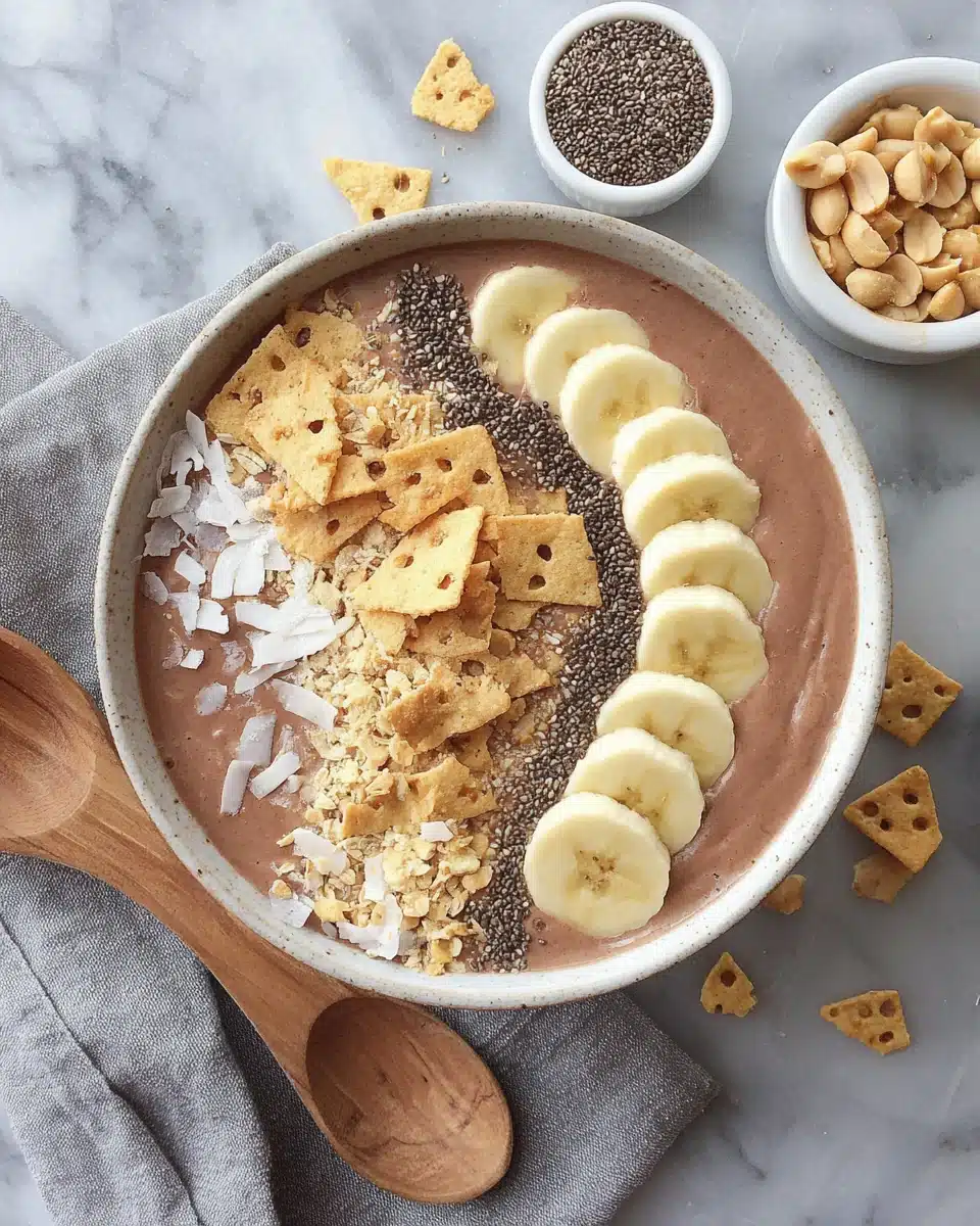 Chocolate peanut butter banana smoothie bowl with banana slices, chia seeds, and cereal toppings