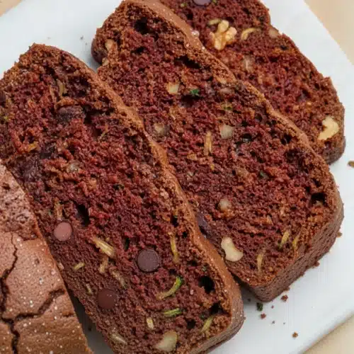 Moist chocolate zucchini bread slices with chocolate chips and walnuts