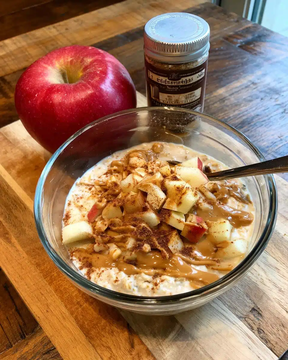 Classic overnight oats with apples and cinnamon in a glass bowl