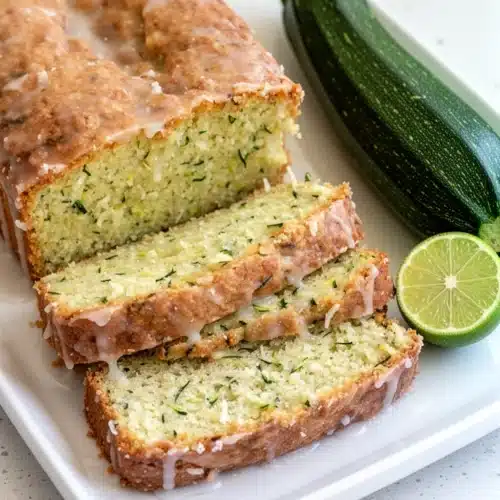 Moist coconut lime zucchini bread with glaze, sliced, on white plate