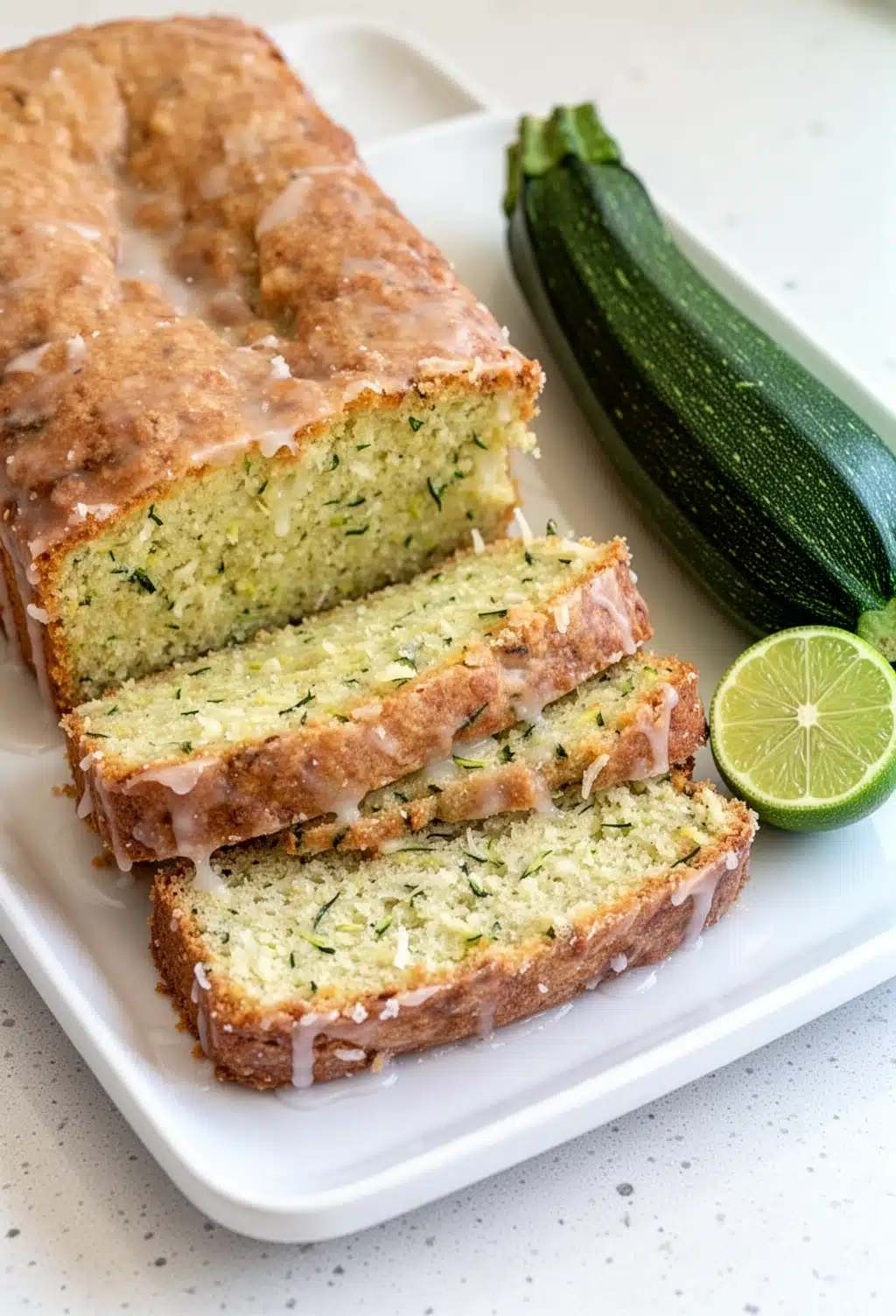 Moist coconut lime zucchini bread with glaze, sliced, on white plate