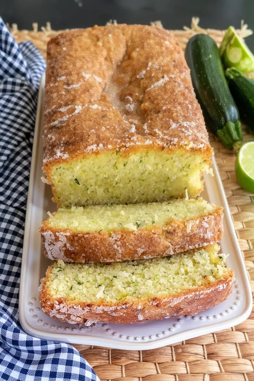 Coconut Lime Zucchini Bread with Glaze Moist coconut lime zucchini bread with glaze, sliced, on white plate with zucchini and lime
