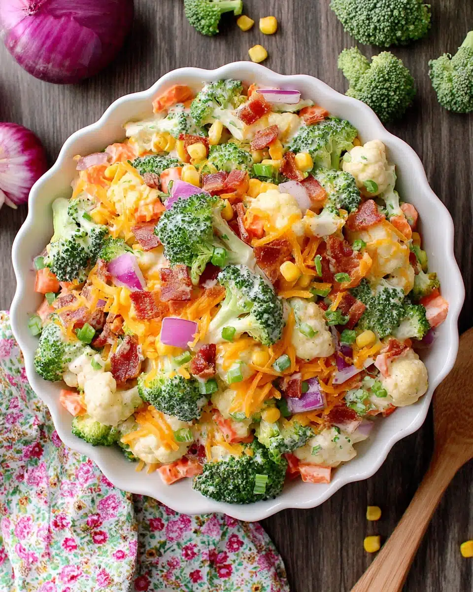 Creamy broccoli salad with broccoli, cauliflower, carrots, corn, bacon, and cheese in a white bowl
