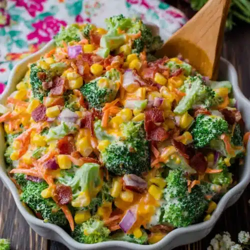 Creamy broccoli salad with bacon, cheese, and vegetables in a white bowl