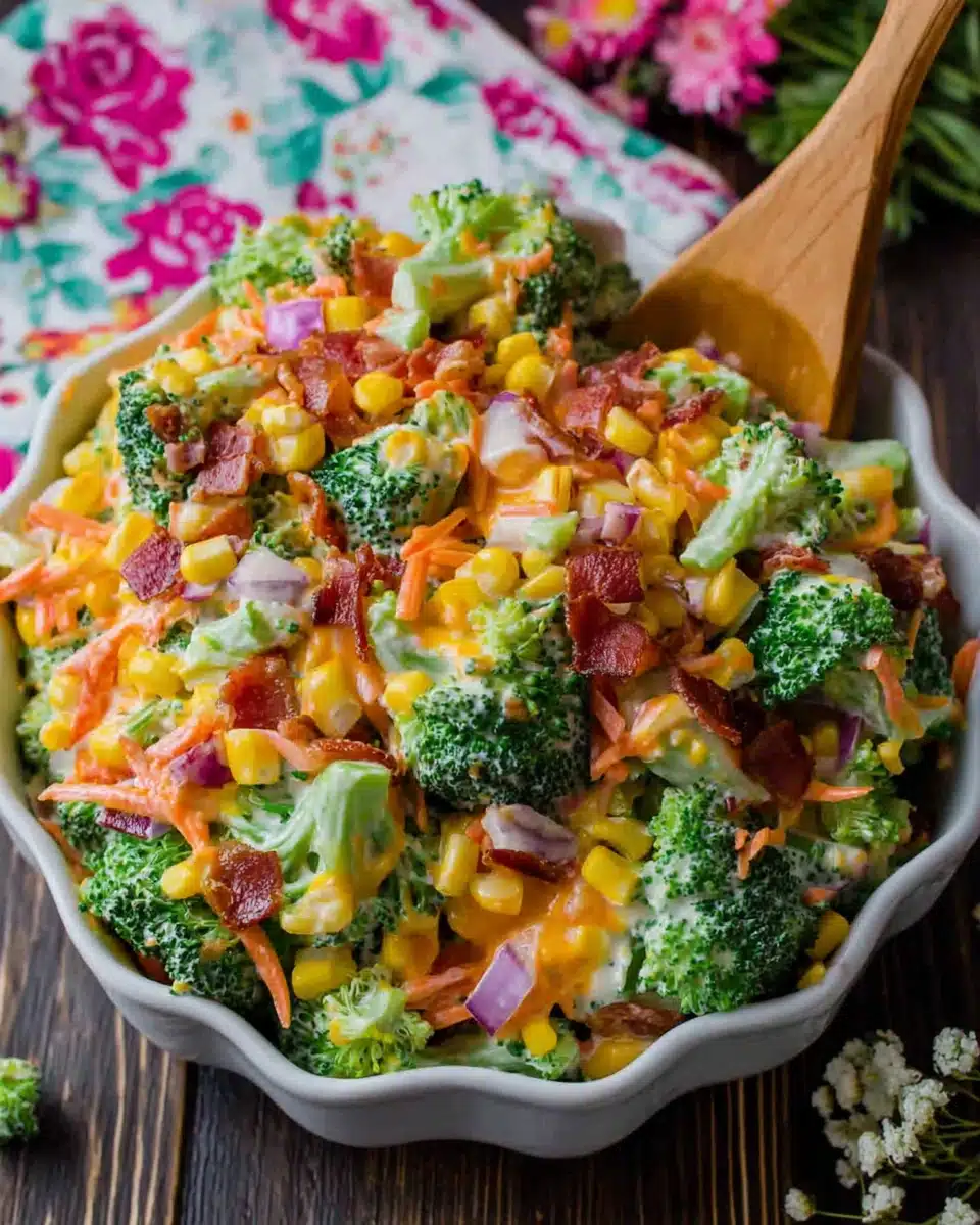 Creamy broccoli salad with bacon, cheese, and vegetables in a white bowl