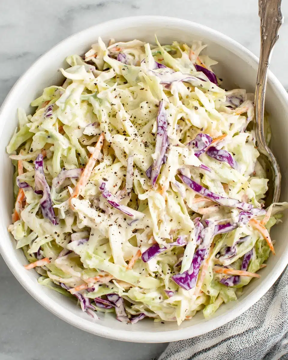 Creamy coleslaw with shredded cabbage and carrots in a white bowl