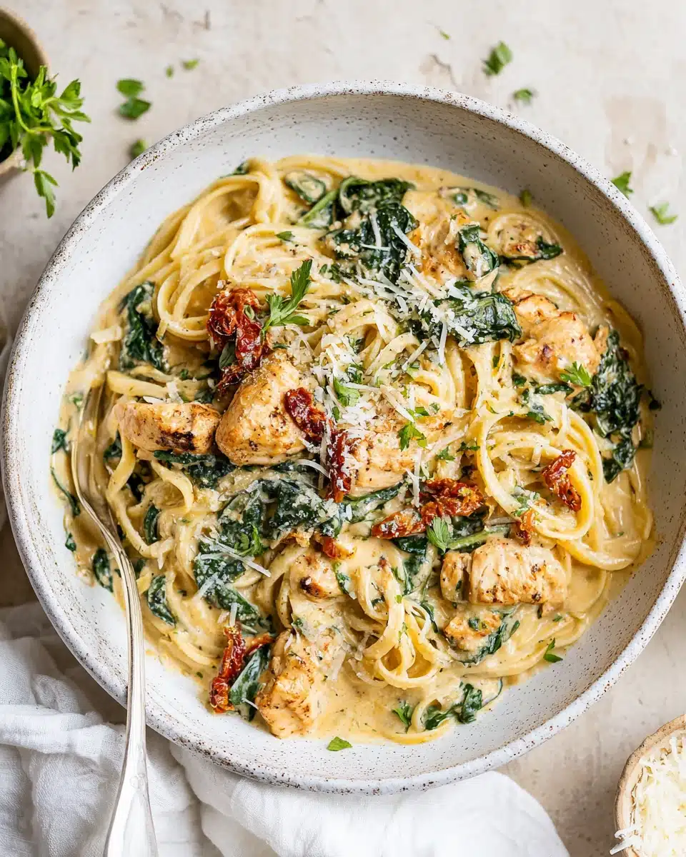 Creamy Tuscan chicken pasta with chicken, spinach, and sun-dried tomatoes in a white bowl