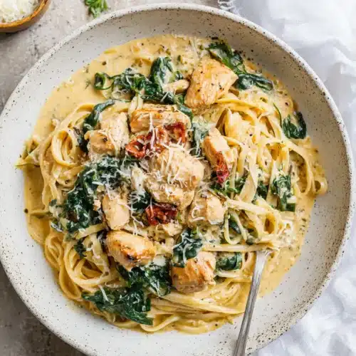 Creamy Tuscan chicken pasta with chicken, spinach, and sun-dried tomatoes in a white bowl